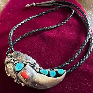 VINTAGE Navajo Sterling Silver Turquoise Coral Bolo Tie + Tips by Roy B Platero